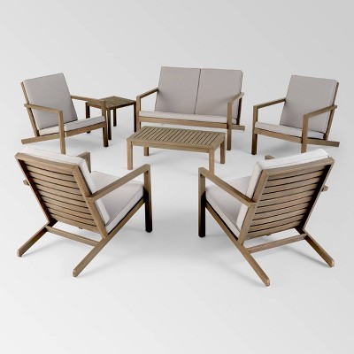 Leah 7pc Acacia Wood Extended Chat Set - Gray/Gray - Christopher Knight Home