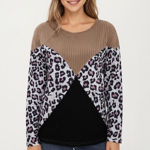 Anna-Kaci Women's Ribbed Knit Top with Leopard Print Contrast and V-Cut Design - 1 of 4
