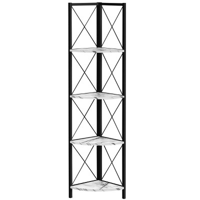 Bookshelf, Bookcase, Etagere, Corner, 4 Tier, 60"h, Office, Bedroom, White Marble Look Laminate, Black Metal, Contemporary, Modern