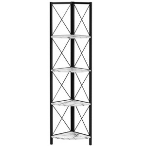 Bookshelf, Bookcase, Etagere, Corner, 4 Tier, 60"h, Office, Bedroom, White Marble Look Laminate, Black Metal, Contemporary, Modern - 1 of 4