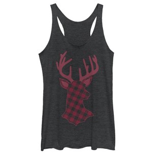 Women's CHIN UP Christmas Flannel Reindeer Print Racerback Tank Top - 1 of 3