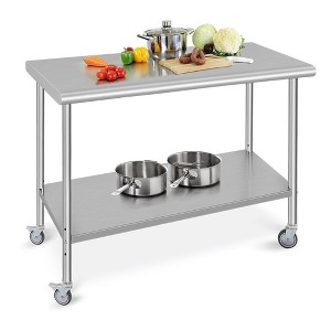 Stainless Steel Prep Table 48 x 24 Inch, NSF Heavy Duty Commercial Kitchen Table with 4 Wheels and Under Shelf - 1 of 4