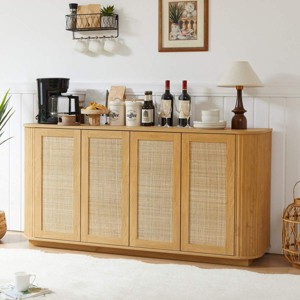 64 Inch Sideboard Cabinet with Storage,MDF Modern Buffet Cabinet with Curved Edges,Rattan Cabinet for Living Room or Entryway-Coolbibila - 1 of 4