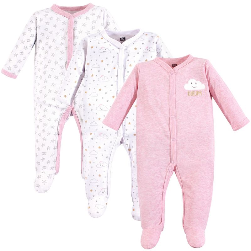 Hudson Baby Infant Girl Cotton Snap Sleep and Play 3pk, Pink Clouds, 1 of 3