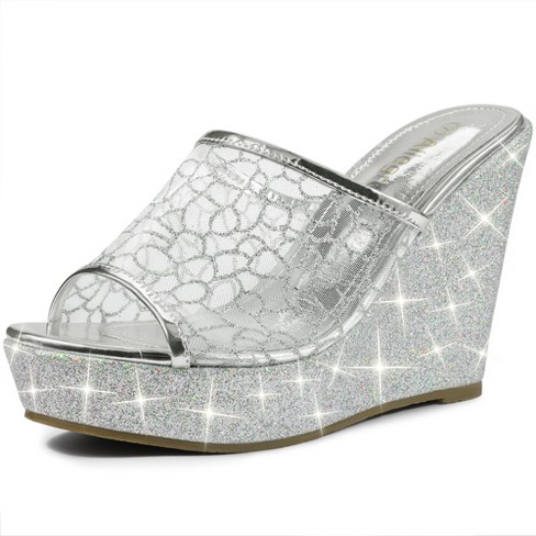 Allegra K Women's Glitter Platform Wedges Slip On Wedge Slide Sandals  Silver 7.5 M Us : Target