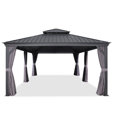 PURPLE LEAF Outdoor Gazebo Aluminum Frame Galvanized Steel Double Roof Patio Hardtop Gazebo with Curtains and Netting for Patio Lawn and Garden, Grey