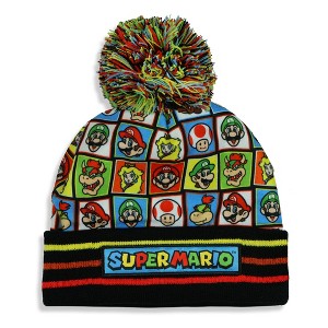 Super Mario Beanie Toad Luigi Bowser Princess Peach Pom Pom Cuff Knit Hat Cap Black - 1 of 4
