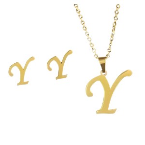 Initial Letter Pendant Necklace Earrings Set for Women Gold Plated Stainless Steel by Ginger Lyne - 1 of 4