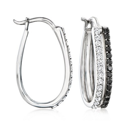 Ross-Simons 1.00 ct. t.w. Black and White Diamond Hoop Earrings in Sterling Silver