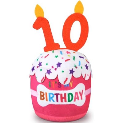 Dog 10th Birthday Cake Toy Accessories for Girl Boy Gifts, Pink Squeaky Plush Toy for Dog Birthday Party Decor Favor for Large, Medium and Small Dogs