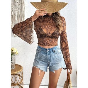 Women's Bell Sleeve Boho Printed Crew Neck Mesh Top Crop T Shirt - 1 of 4