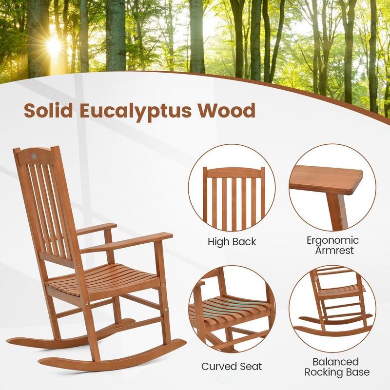 Tangkula Patio Rocking Chair w/ 400 lbs Weight Capacity Eucalyptus Wood Porch Rocker w/ High Back, 5 of 9