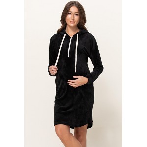 Hello Miz Maternity Nursing Velour Hoodie Dress with Zip Access and Pockets - Black