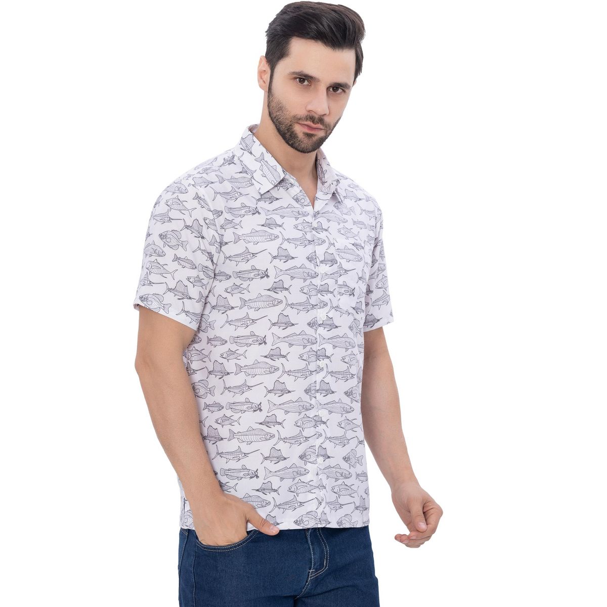 HAPPY BAY Mens Short Sleeve Button Down Casual Beach Shirt XXL Saltwater Fish White - thumbnail 4