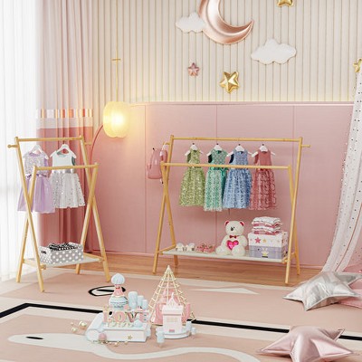 Acoinel Freestanding Bamboo Clothes Rack with Shelves, Garment Rack for Bedroom