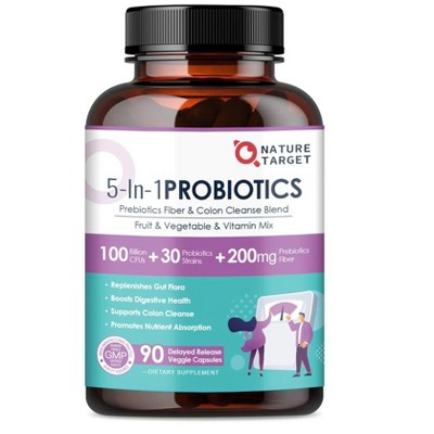 NATURE TARGET 5 in 1 Probiotics for Women-Men 100 billion CFUs with Prebiotics - 90 Veggie Capsules