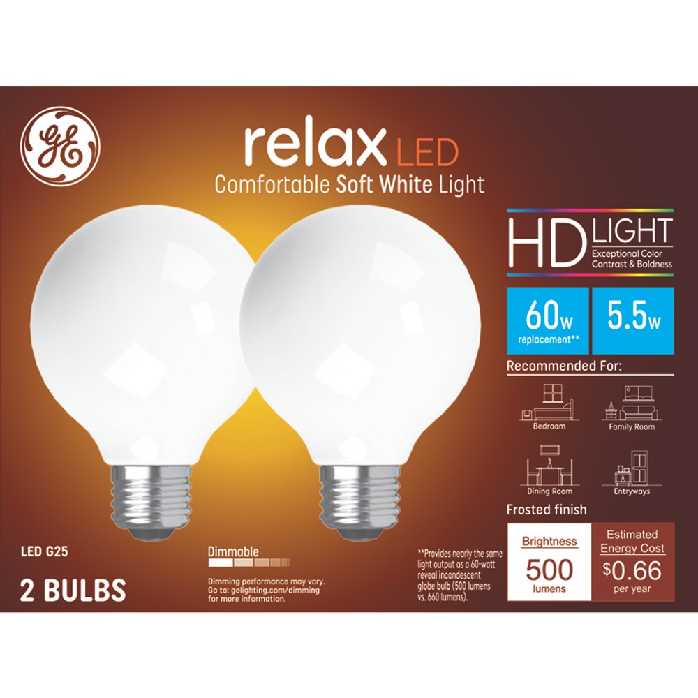 GE 2pk 60W Relax G25 LED Frost Globe Light Bulbs Soft White
