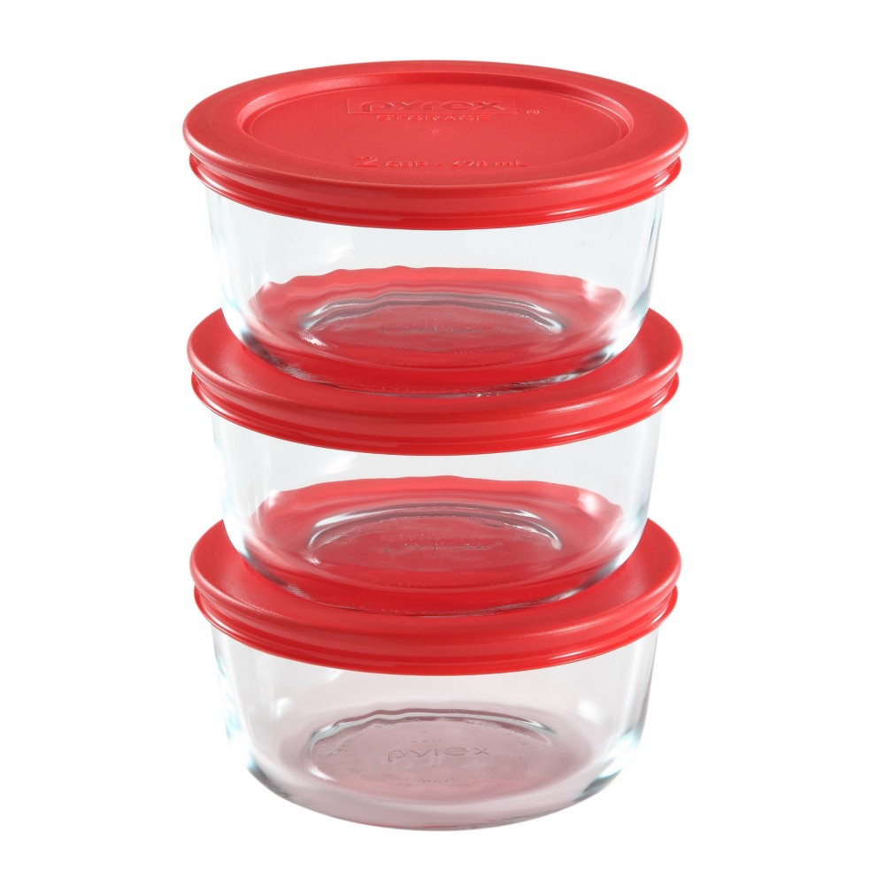 Photos - Food Container Pyrex 2 Cup 6pc Round Glass Food Storage Value Pack Red 