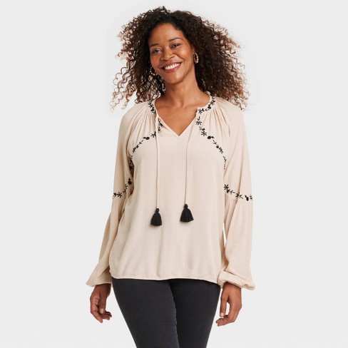 Women's Balloon Sleeve Embroidered Blouse - Knox Rose™ Cream S