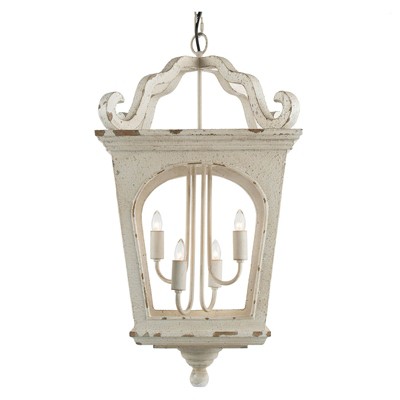 VYNXARIA 4 - Light Distressed White Wood Ceiling Lights, Traditional Street Light Inspired Hanging Chandelier with Adjustable Chain