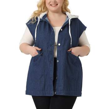 Agnes Orinda Women's Plus Size Denim Button Down Drawstring Hood Utility Long Jean Vests