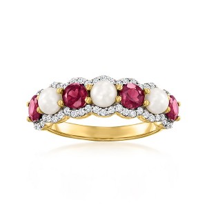 Ross-Simons 4-4.5mm Cultured Pearl and 1.40 ct. t.w. Rhodolite Garnet Ring With .50 ct. t.w. White Zircons in 18kt Gold Over Sterling - 1 of 4