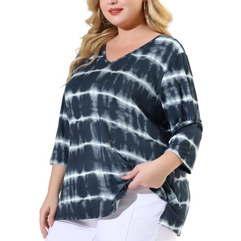 Agnes Orinda Women's Plus Size Tie Dye Side Slit 3/4 Sleeve Stripe V Neck  Blouses Grey 4x : Target