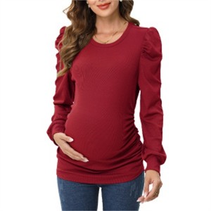 Clearlove Women’s Maternity Puff Sleeve Top Long Sleeve Round Neck Stretchy Ruched Side Pregnancy Shirt - 1 of 4