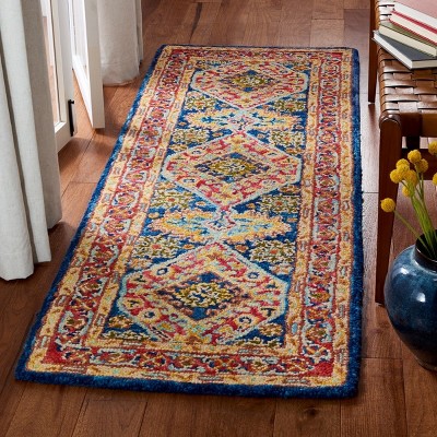 Handmade Tufted Blue Wool Runner with Geometric Design - 27"x11"