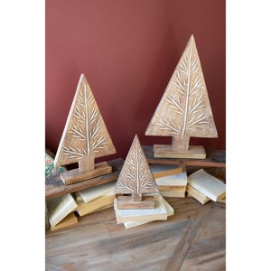 Kalalou Set of Three Carved Wooden Christmas Trees on Stands – Natural with Gold Detail - 1 of 3