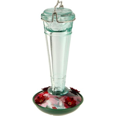 Green Glass and Metal Hummingbird Nectar Feeder, 8 oz