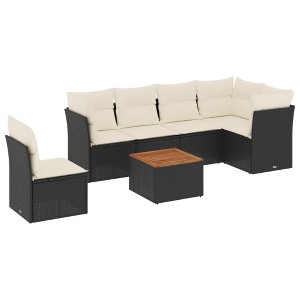 vidaXL 7 Piece Patio Sofa Set with Cushions Poly Rattan - Black and Cream 3x Middle + Table + 3x Corner - 1 of 4