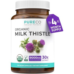 USDA Organic Milk Thistle Capsule, 80% Silymarin Supplement for Liver Support, 9,000mg Milk Thistle Extract for Liver Detox, Pure Co, 60 or 120ct - 1 of 4