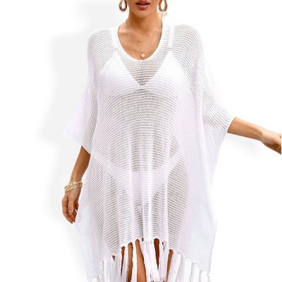 Anna-Kaci Swim Women's Mesh Knit Cover-Up with Tassel Hem and V-Neck Design- One Size Fits Most, White