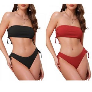 INSPIRE CHIC Women's Bandeau Drawstring Side Tie Ribbed Strapless Top Triangle Bottom Swimwear Bathing Bikini Suits 2 Sets - 1 of 4