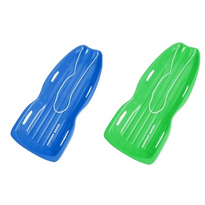 Slippery Racer Downhill Xtreme Flexible Adults and Kids Plastic Toboggan Snow Sled for Up To 2 Riders with Pull Rope and Handles, Blue and Green