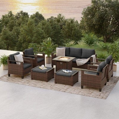 Sonkuki 8 Pieces Patio Sofa with Square Fire Pit Table and Ottomans, Patio Conversation Couch with Cushion