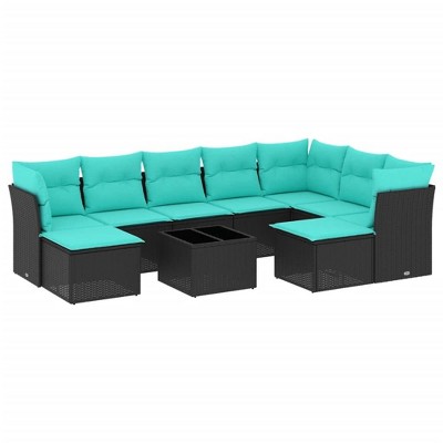 vidaXL 10 Piece Patio Sofa Set with Cushions Black Poly Rattan - Black and Blue With Table
