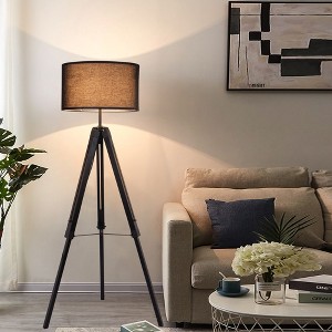 58" Industrial Tripod Floor Lamp with Height Adjustable Natural Wood Stand and Linen Drum Shade,Modern Standing Lamp for Living Room,Bedroom,Study - 1 of 4