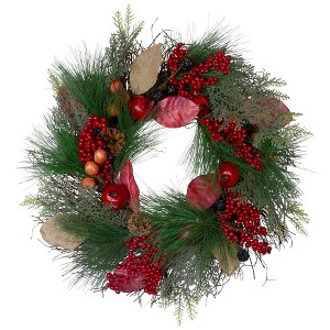 Northlight 24" Unlit Autumn Harvest Mixed Berry, Pine, and Nut Thanksgiving Fall Wreath - 1 of 4