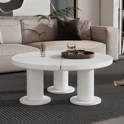 Lyngins 39.4" Cream Coffee Table with Petal-Shaped Circular Top & Sturdy Chunky Legs, Minimalist Irregular Tea Table with Sleek Round Edges
