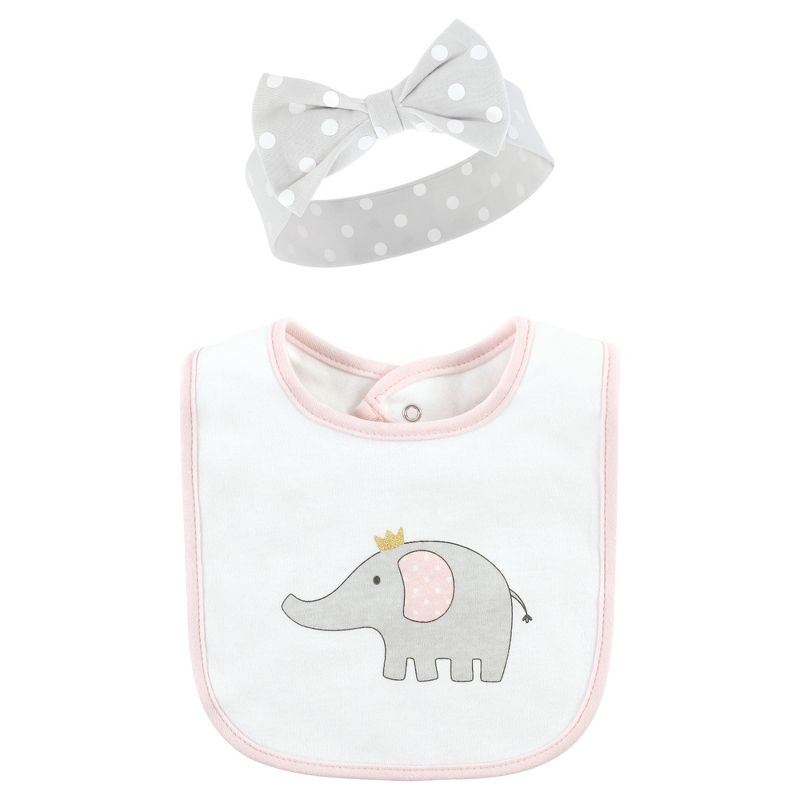 Hudson Baby Infant Girl Cotton Bib and Headband or Caps Set, Pink Gray Elephant, One Size, 3 of 6
