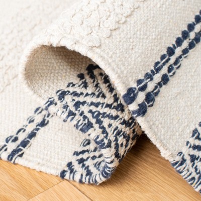 Ivory and Navy Striped Wool Cotton 8' x 10' Area Rug