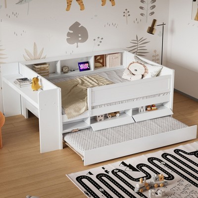 NicBex Twin Size Daybed Modern Wooden Bed Frame with Trundle, 2 Drawers, Storage Shelves, Desk and Ports for Bedroom, No Box Spring Required