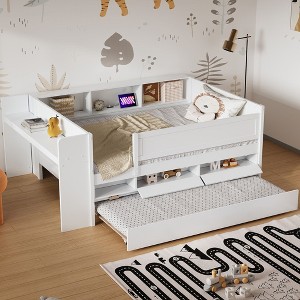 NicBex Twin Size Daybed Modern Wooden Bed Frame with Trundle, 2 Drawers, Storage Shelves, Desk and Ports for Bedroom, No Box Spring Required - 1 of 4