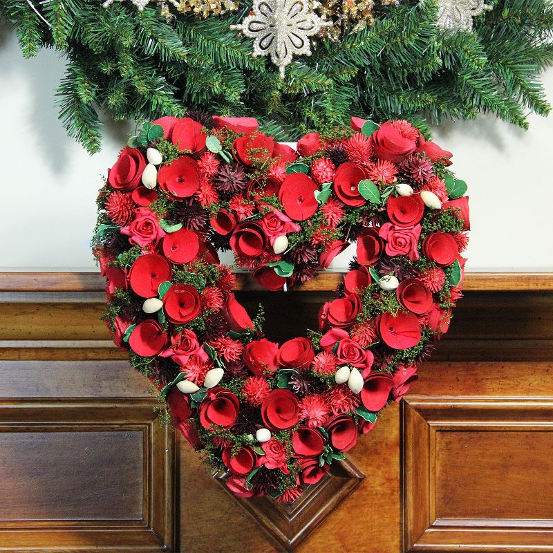 Northlight Red Wooden Rose and Botanicals Valentine's Day Heart Wreath, 13.75-Inch, Unlit, 2 of 4