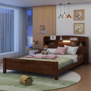 1 Full Bed Frame, Solid Pine Wood Storage Headboard with LED Light and Guardrails - Baofuwish - 1 of 4