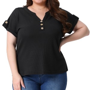 Agnes Orinda Women's Plus Size V Neck Short Sleeve Buttons Loose Casual Waffle Tunic Blouses - 1 of 4