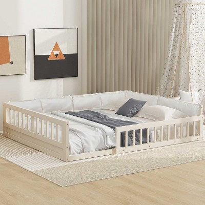1pc Full Size Bed Frame, Solid Wood Upholstered Platform with Guardrail & Pillow, No Box Spring Needed - Baofuwish