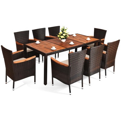 Costway 9PCS Patio Wicker Dining Set Acacia Wood Table Top Umbrella Hole Cushions Chairs